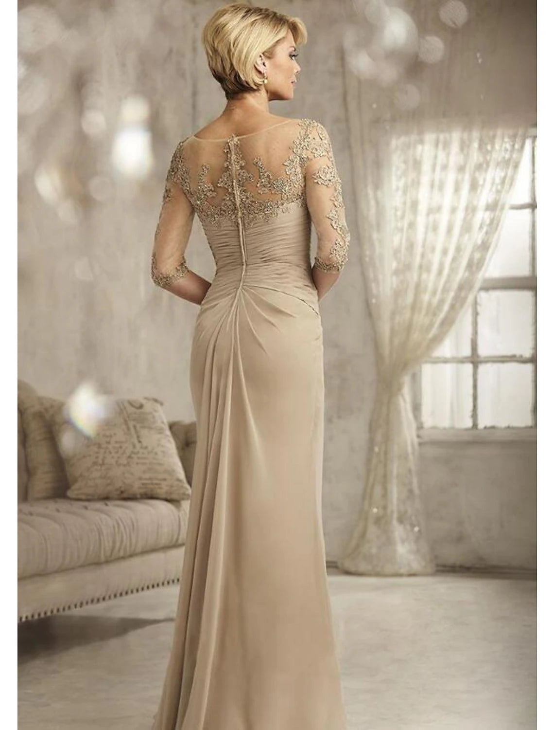 Weitese Mermaid / Trumpet Evening Gown Elegant Dress Engagement Formal Evening Floor Length 3/4 Length Sleeve V Neck Fall Wedding Guest Chiffon with Pleats Ruched
