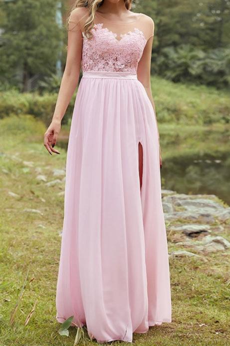 Weitese A-Line/Princess Chiffon Applique Scoop Short Sleeves Floor-Length Bridesmaid Dresses