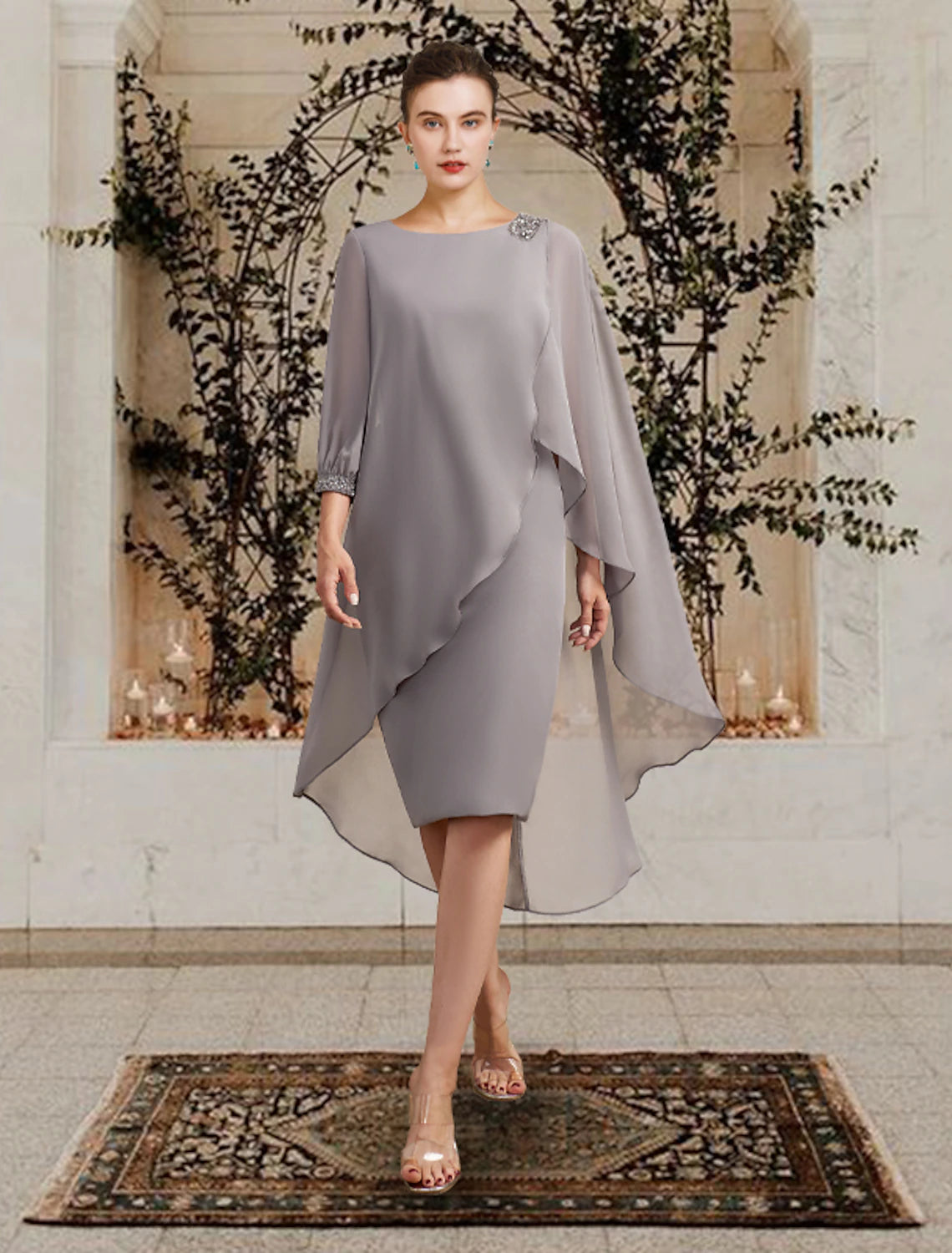 Weitese Sheath / Column Mother of the Bride Dress Wedding Guest Elegant Jewel Neck Floor Length Chiffon 3/4 Length Sleeve with Beading Sequin Fall