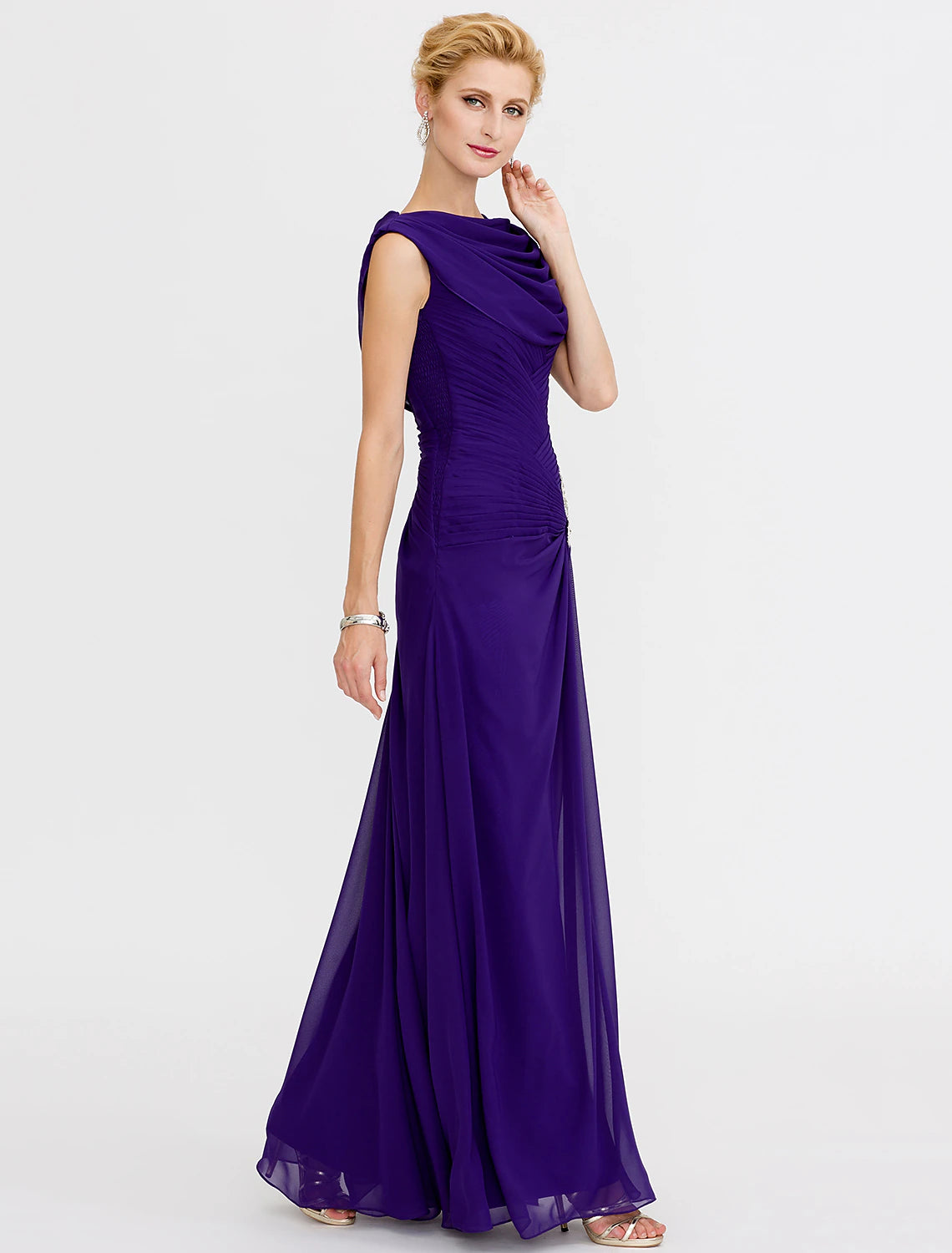 Weitese Sheath / Column Mother of the Bride Dress Color Block Lace Up Cowl Neck Ankle Length Chiffon Charmeuse Sleeveless with Criss Cross Beading