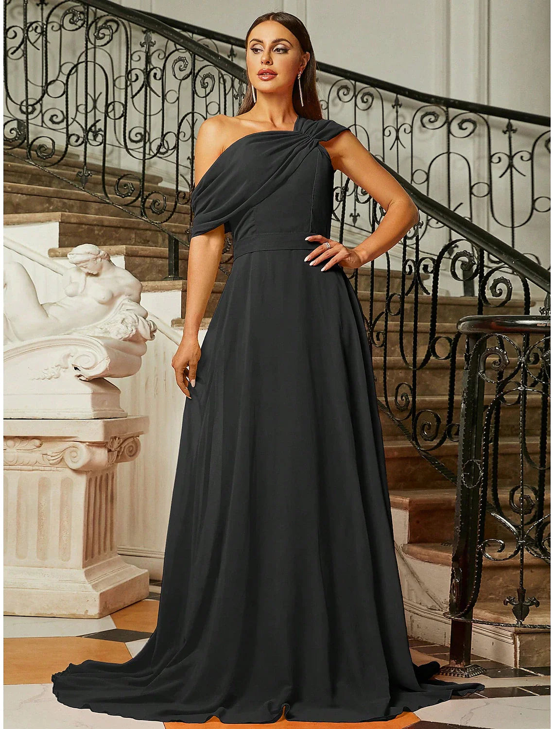 Evening Gown Elegant Dress Formal Fall Sweep / Brush Train Short Sleeve One Shoulder Stretch Fabric with Pleats Ruched