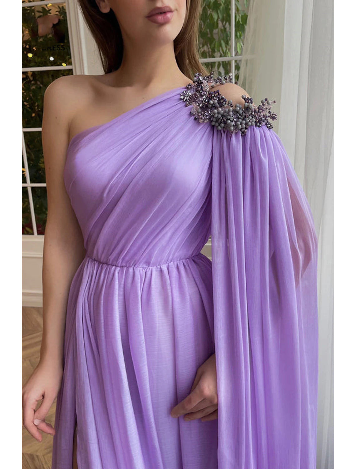 A-Line Prom Gown Elegant Dress Formal Wedding Guest Sweep / Brush Train Sleeveless One Shoulder Capes Chiffon