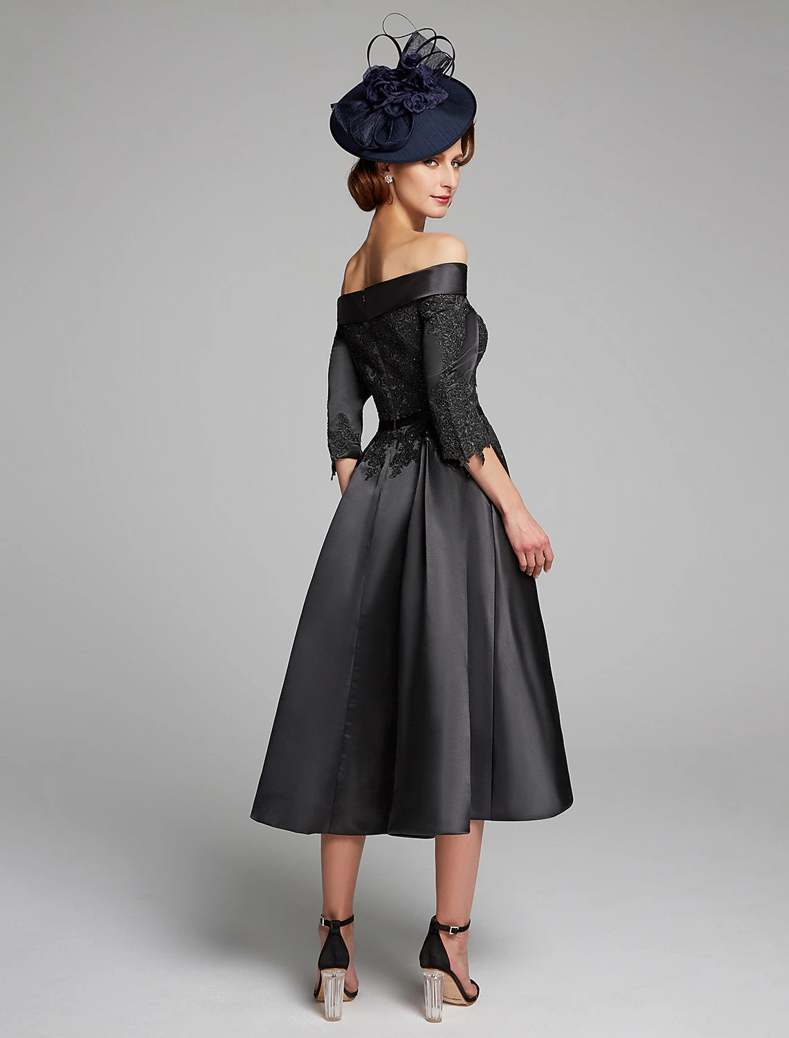 Robe de mère de la mariée Weitese coupe trapèze, grande taille, sexy, épaules dénudées, longueur thé, satin, dentelle, manches 3/4, avec ceinture/ruban en dentelle