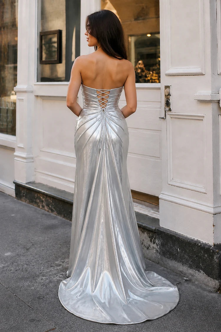 Silver Metallic Satin Sheath Sweetheart Lace-Up Back Floor-Length Dress