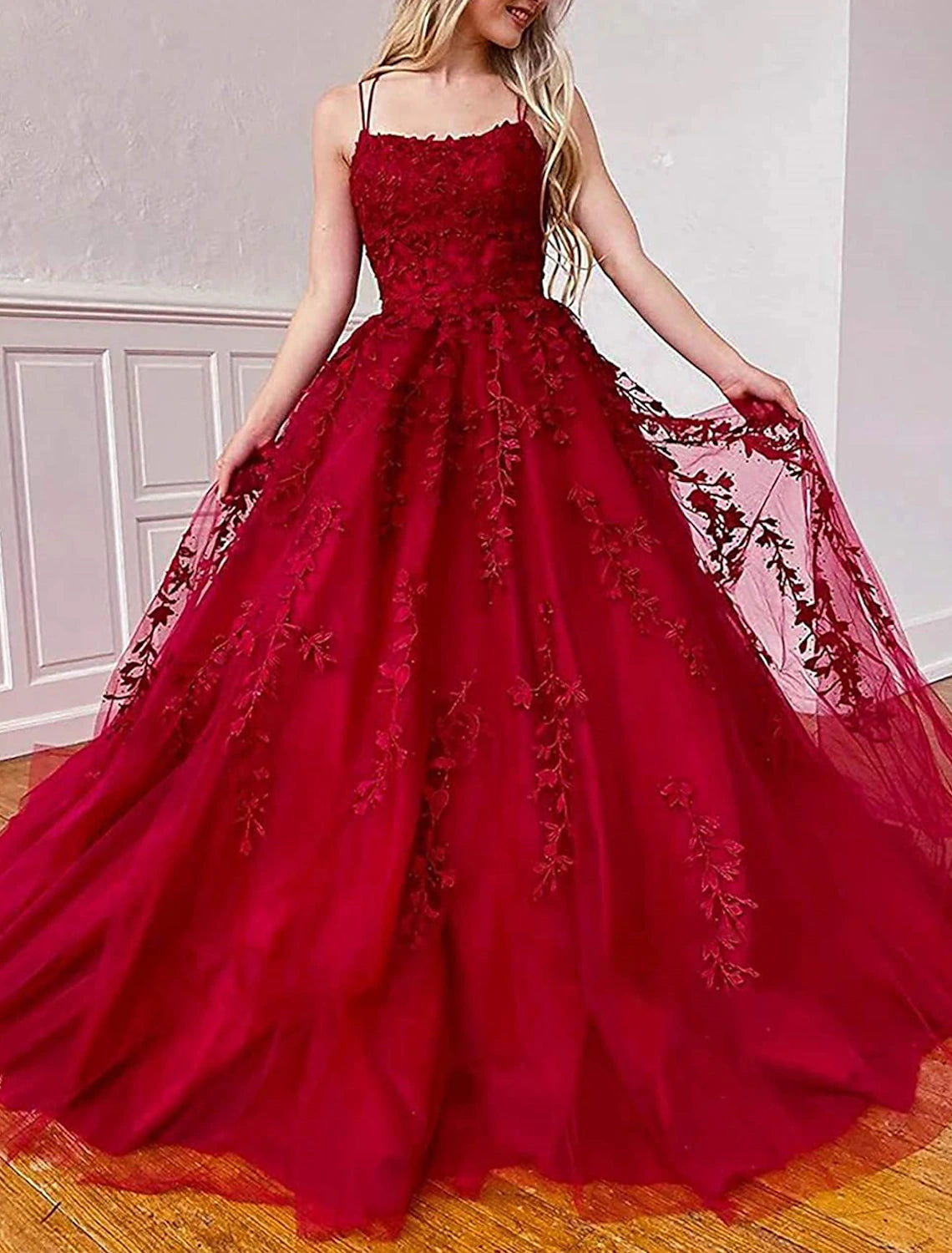A-Line Evening Dresses Floral Dress Formal Wedding Guest Chapel Train Sleeveless Spaghetti Strap Tulle