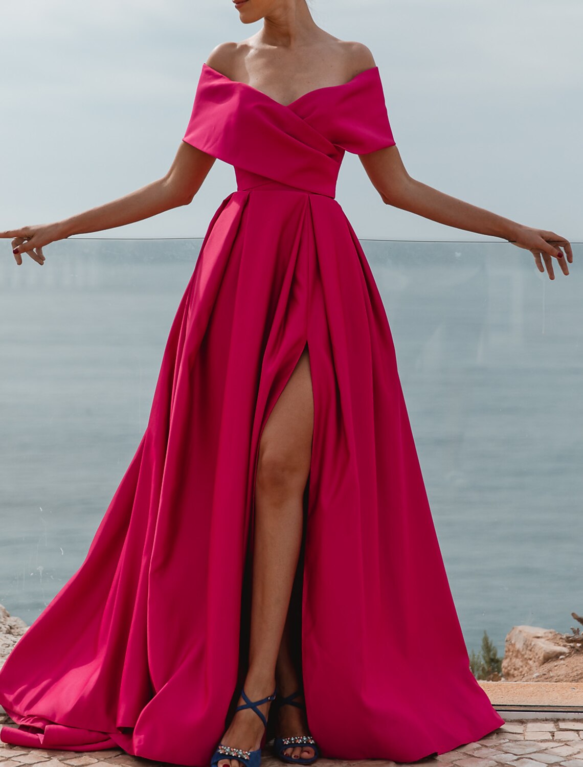 A-Line Evening Gown Party Dress Celebrity Style Dress Formal Wedding Court Train Sleeveless Off Shoulder Bridesmaid Dress Satin