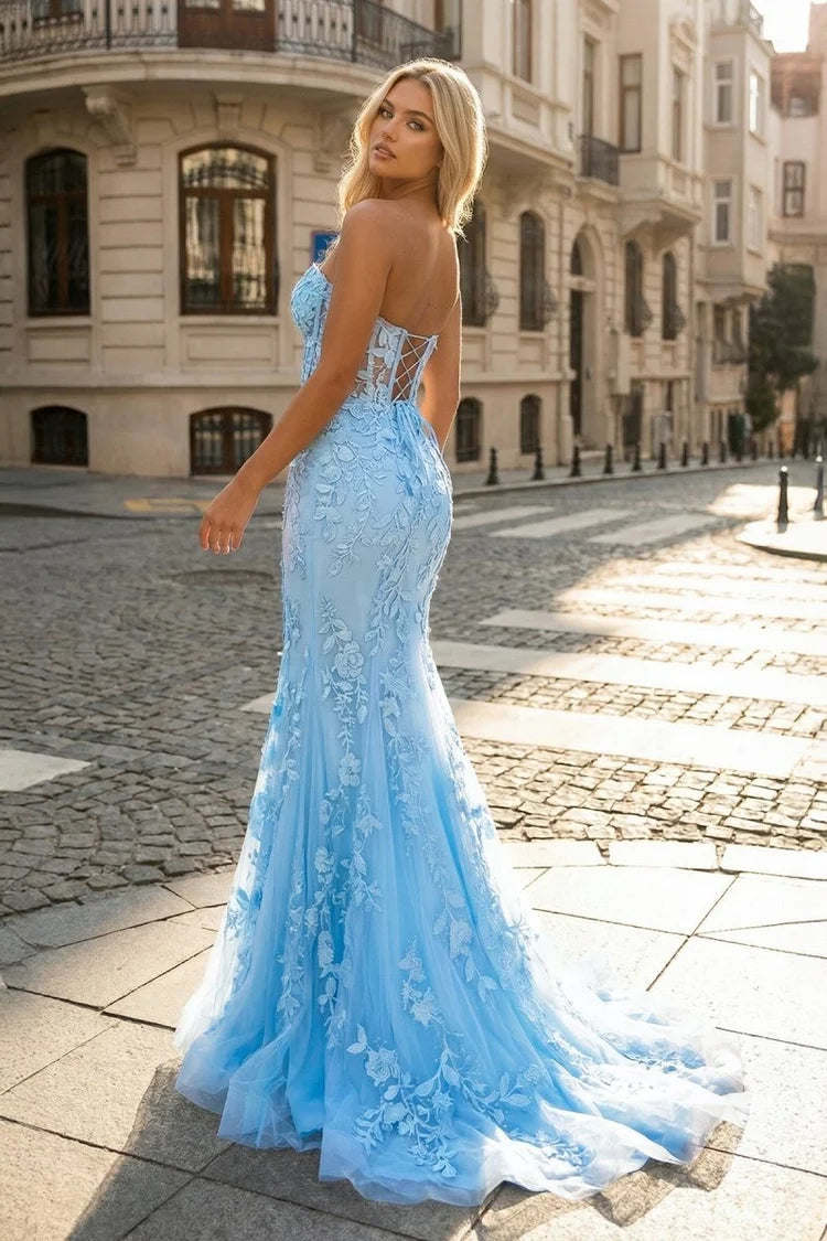 Sky Blue Lace & Tulle Mermaid Sweetheart Lace-Up Back Floor-Length Dress