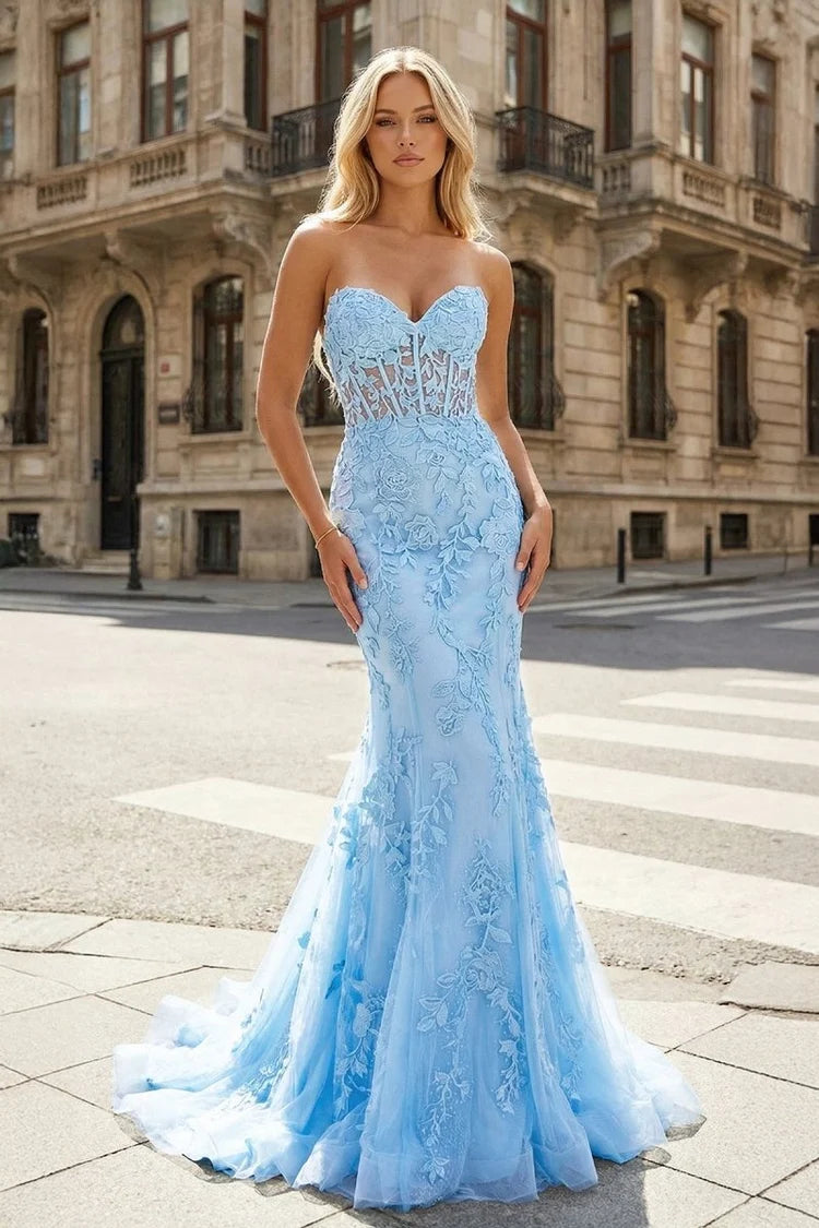 Sky Blue Lace & Tulle Mermaid Sweetheart Lace-Up Back Floor-Length Dress