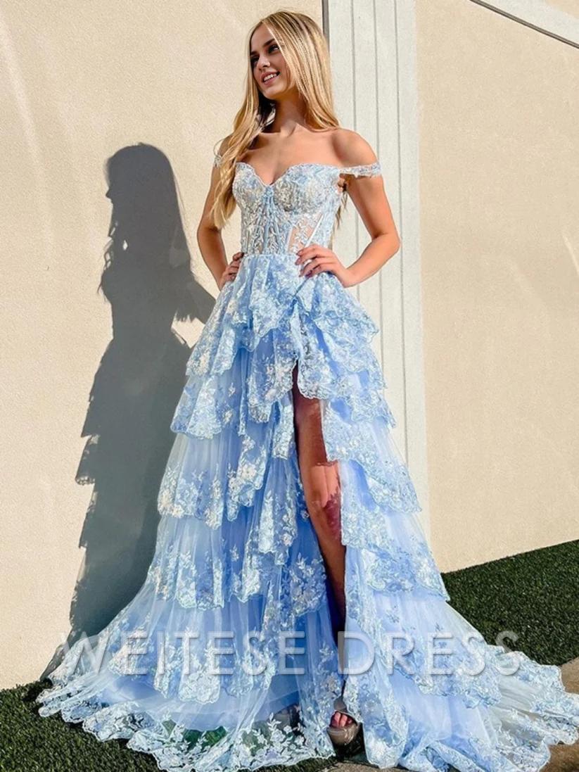 Weitese Dress Beautiful Tulle Appliques Off-the-Shoulder Ruffle Long Prom Dress Sweetheart Tiered Skirt Corset Lace Formal Dresses