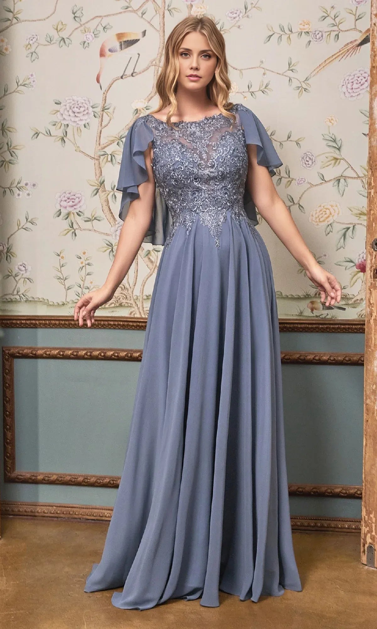 Weitese Dress Elegant Cape-Sleeve Long A-Line Prom Dress Boat Neck Floor-Length Mother of the Bride Dress