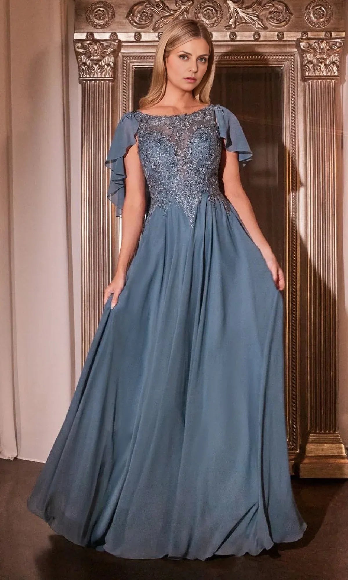 Weitese Dress Elegant Cape-Sleeve Long A-Line Prom Dress Boat Neck Floor-Length Mother of the Bride Dress