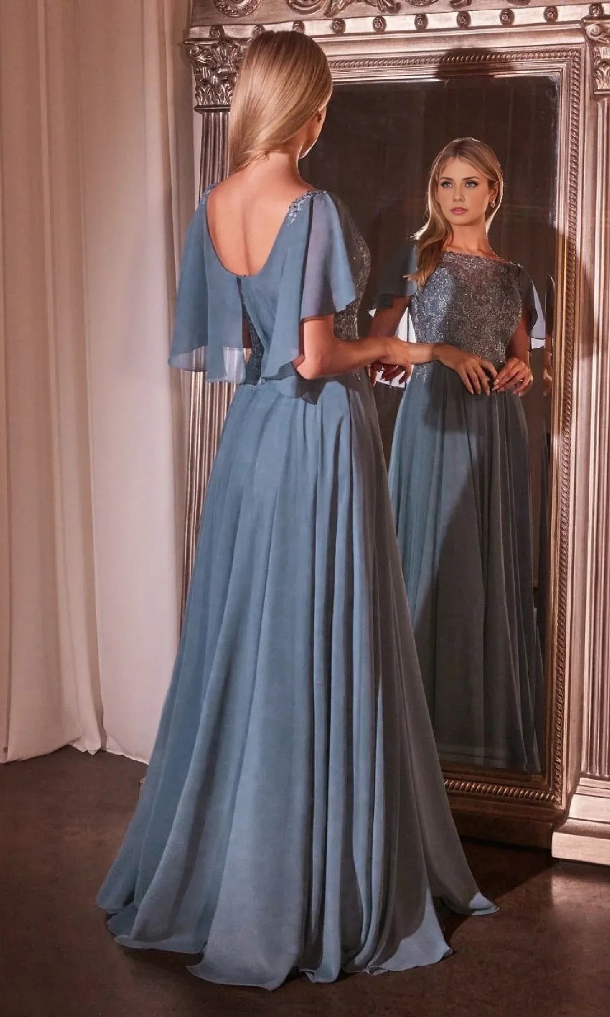 Weitese Dress Elegant Cape-Sleeve Long A-Line Prom Dress Boat Neck Floor-Length Mother of the Bride Dress