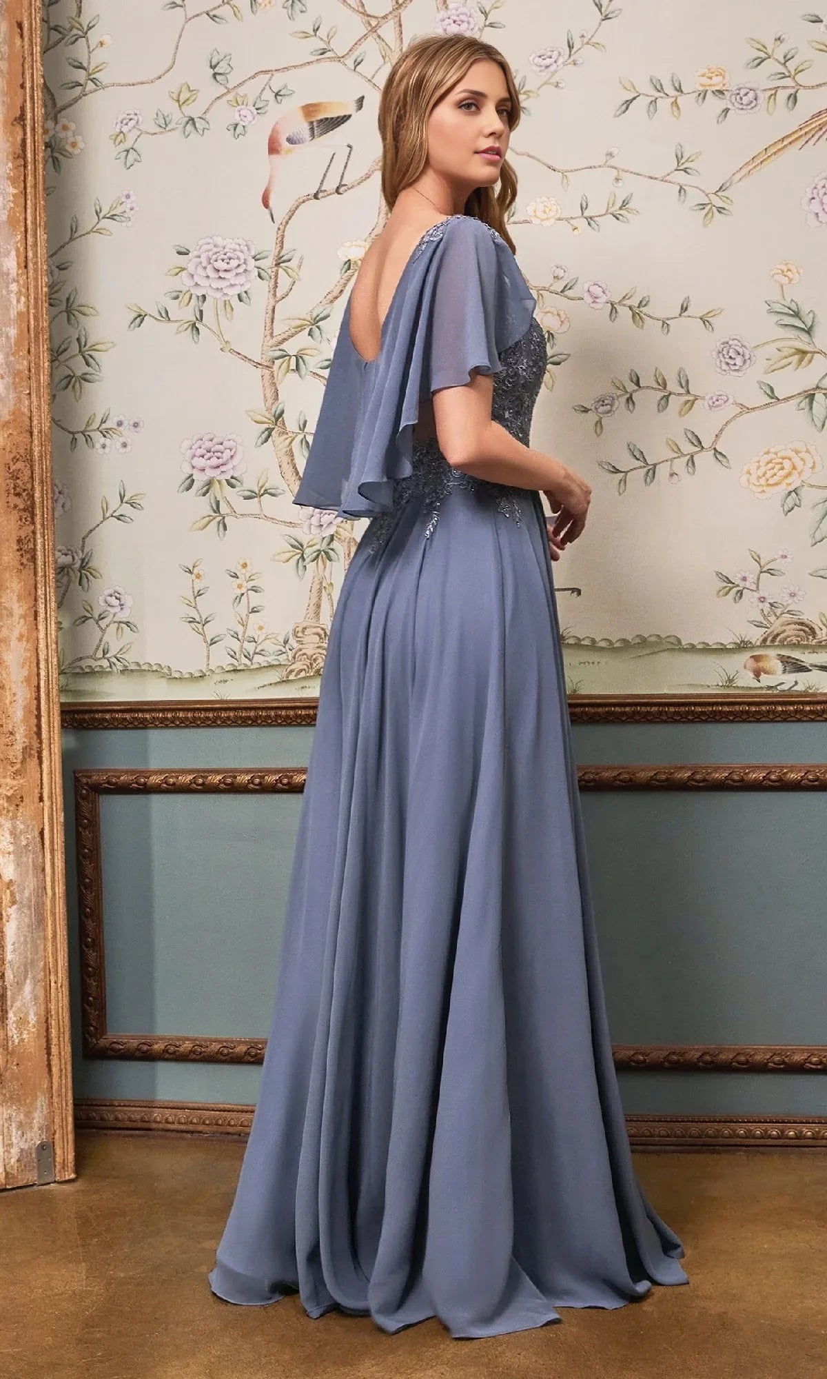 Weitese Dress Elegant Cape-Sleeve Long A-Line Prom Dress Boat Neck Floor-Length Mother of the Bride Dress