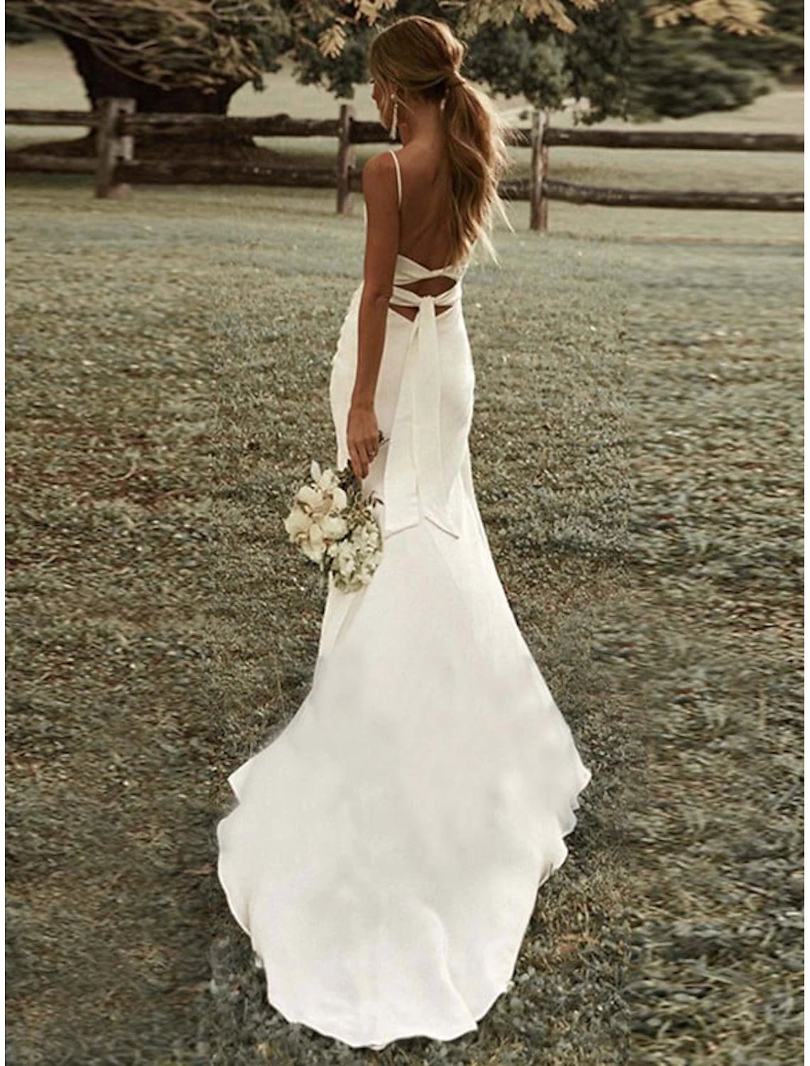 Beach Simple Simple Wedding Dresses Sheath / Column Square Camisole Spaghetti Strap Sweep / Brush Train Bridal Gowns