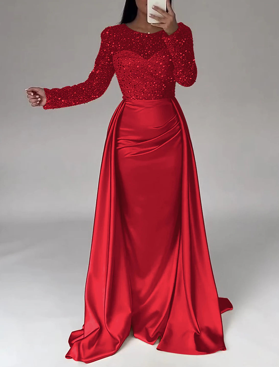 Mermaid Sequin Evening Gown Ruched Satin Dress Long Sleeves Floor Length Sparkle Illusion Neck Prom Wedding Guest Dress