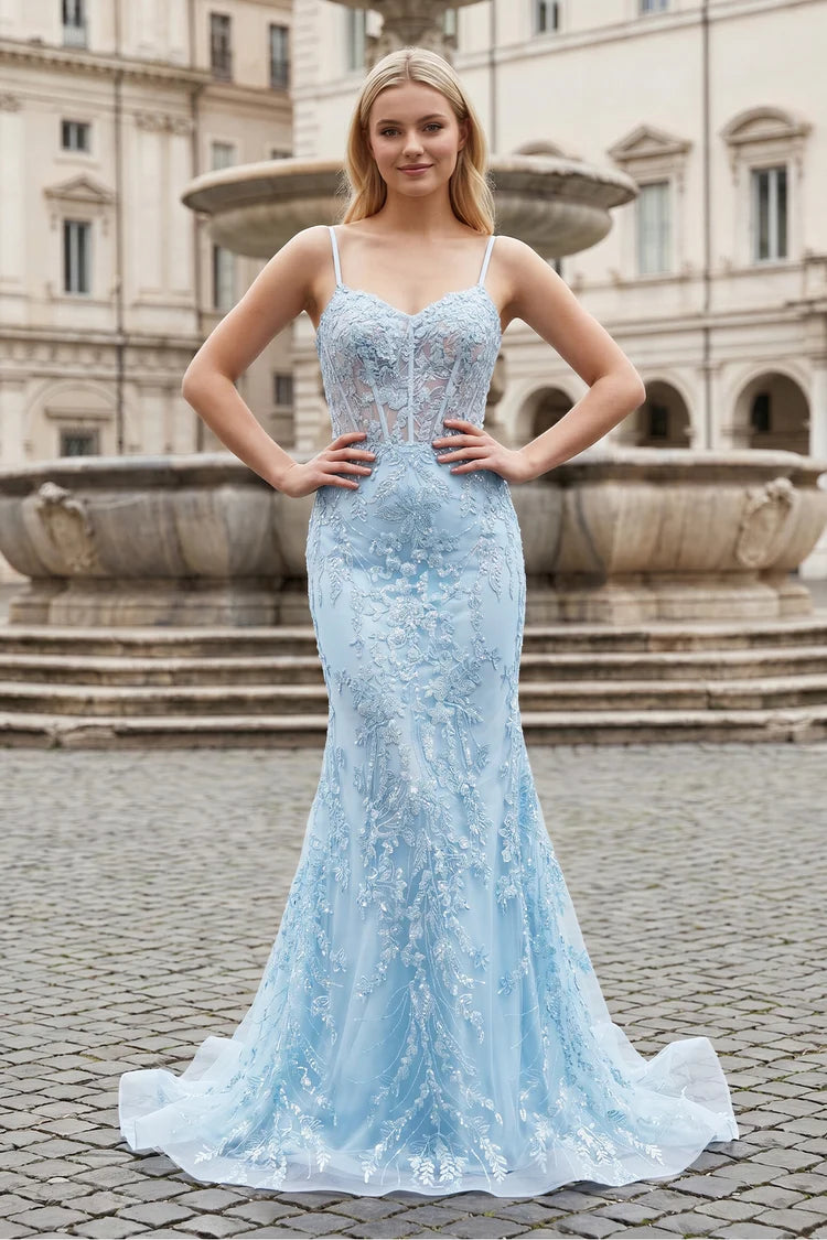 Sky Blue Lace Mermaid Sweetheart Lace-Up Back Floor-Length Dress