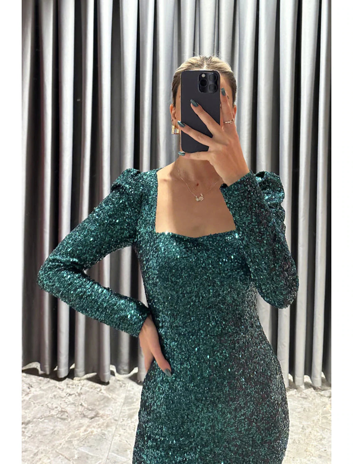 Evening Gown Elegant Black Dress Formal Fall Tea Length Long Sleeve Square Neck Sequined with Glitter Slit