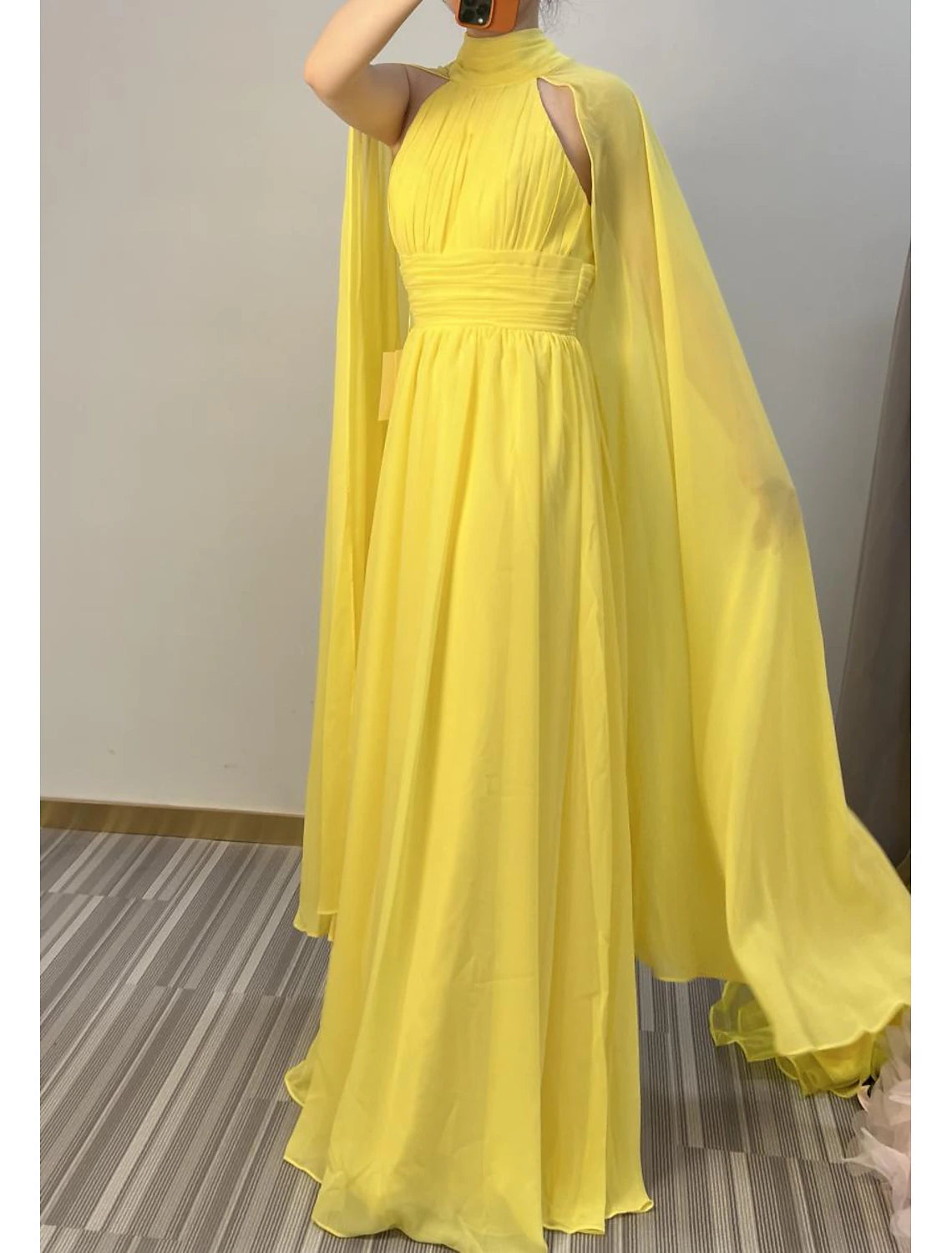 A-Line Evening Gown Elegant Dress Formal Wedding Guest Floor Length Sleeveless High Neck Capes Chiffon
