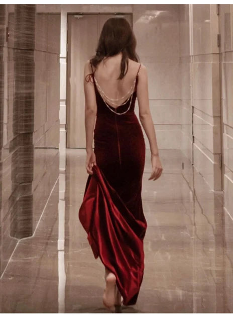 Burgundy Cowl Neck Velvet Mermaid Prom Dress Spaghetti Straps Pearl Chain Back Slit