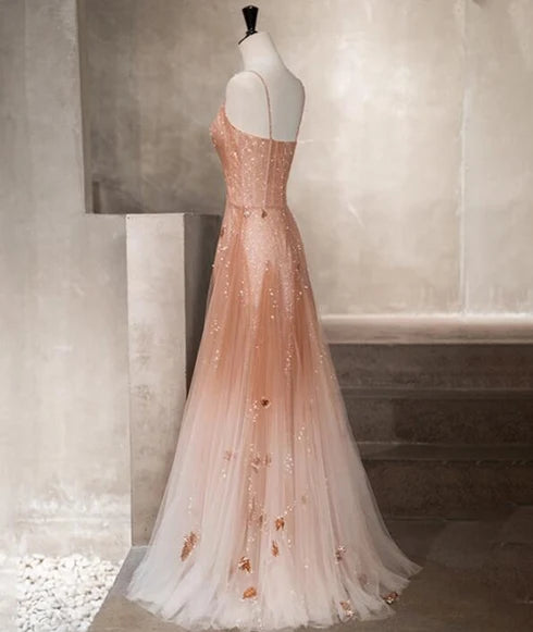 Peach Ombre Spaghetti Strap V Neck Beaded Tulle A Line Prom Dress With Floral Appliques