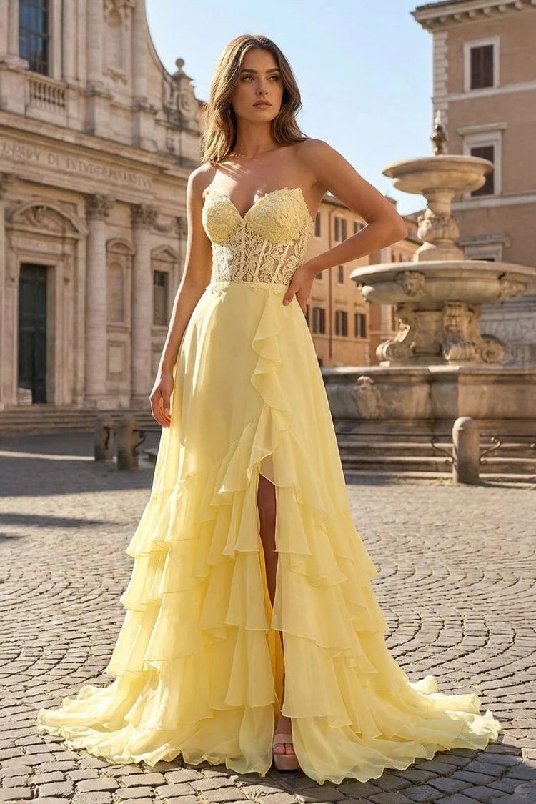 Butter Yellow Chiffon & Lace A-Line Sweetheart Lace-Up Back Floor-Length Dress