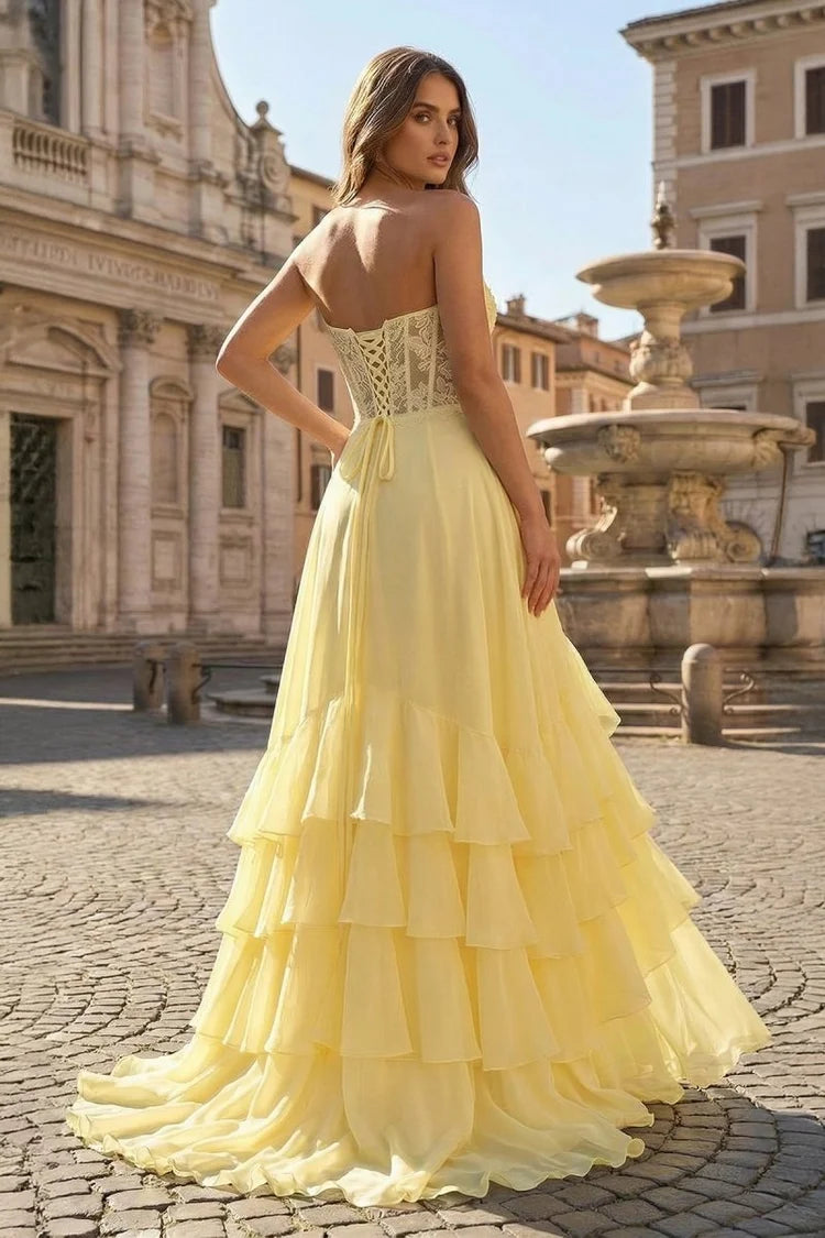 Butter Yellow Chiffon & Lace A-Line Sweetheart Lace-Up Back Floor-Length Dress