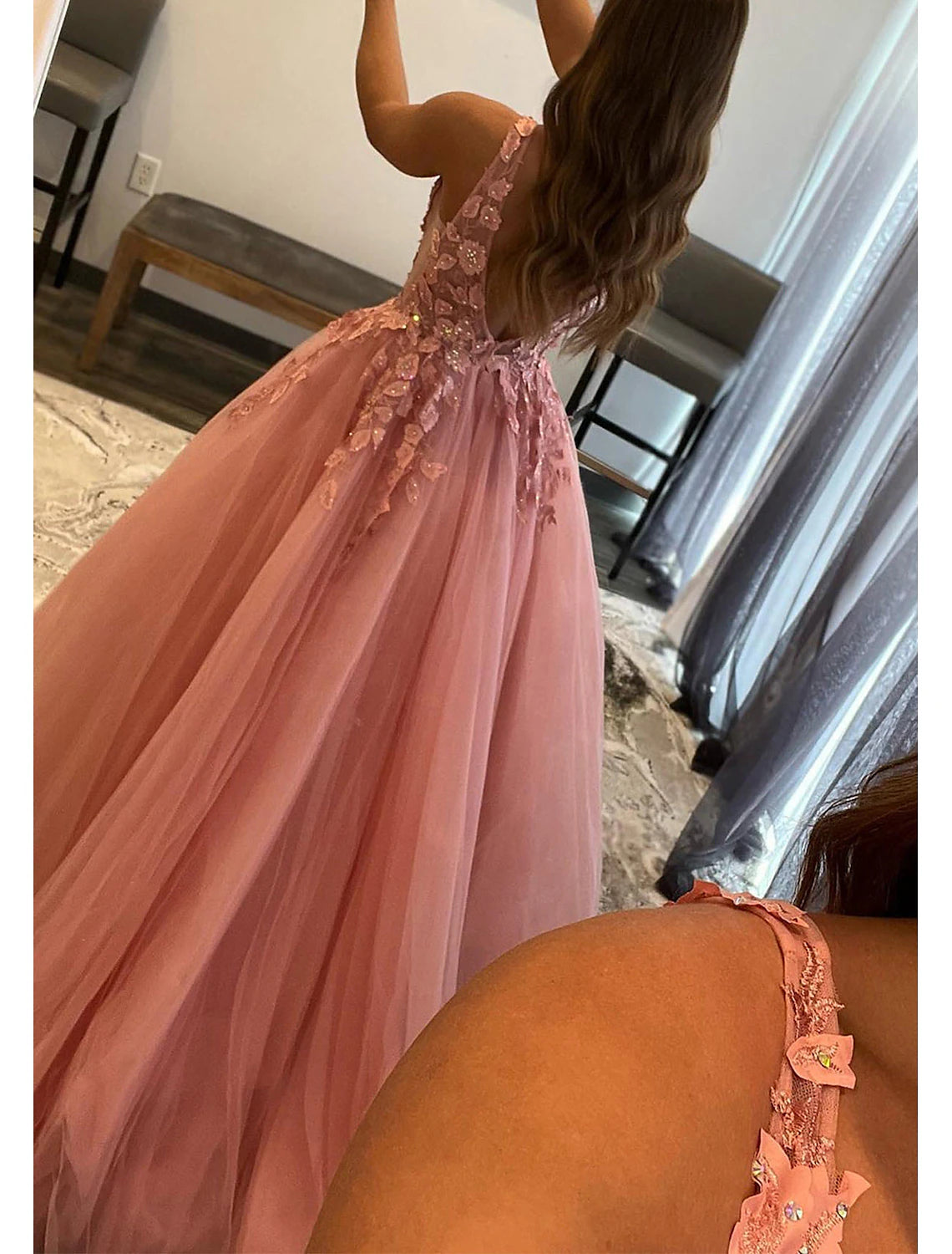 Robe de bal trapèze dos nu, robe formelle pour invité de mariage, longueur au sol, sans manches, col en V, tulle, dos nu