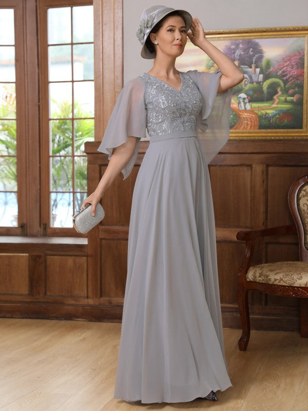 Chiffon Applique V-neck 1/2 Sleeves Floor-Length Mother of the Bride Dresses