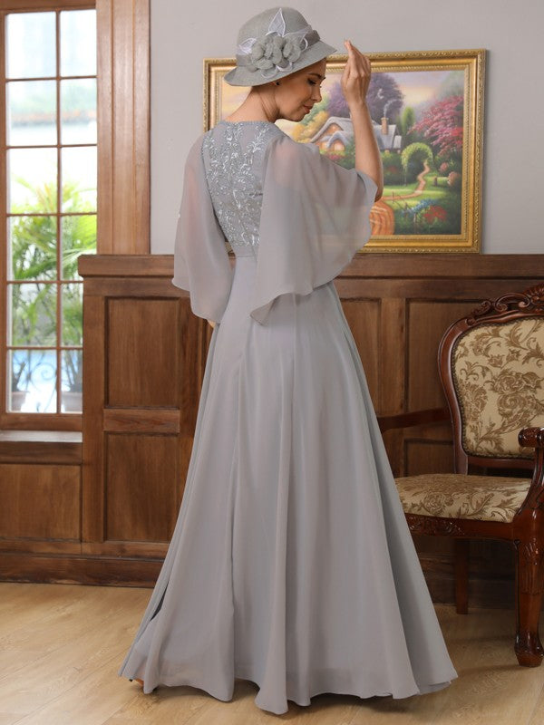 Chiffon Applique V-neck 1/2 Sleeves Floor-Length Mother of the Bride Dresses