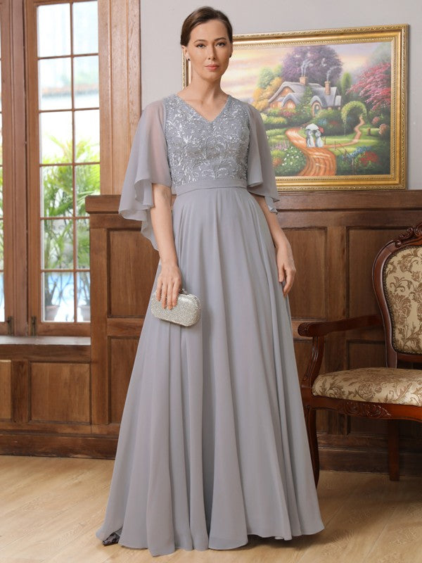 Chiffon Applique V-neck 1/2 Sleeves Floor-Length Mother of the Bride Dresses