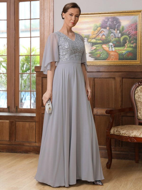 Chiffon Applique V-neck 1/2 Sleeves Floor-Length Mother of the Bride Dresses