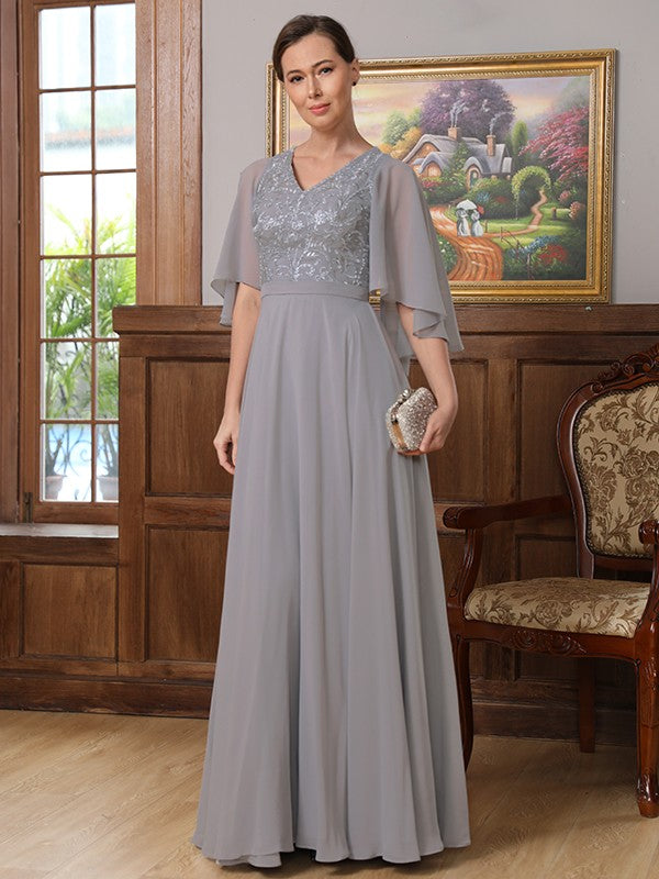Chiffon Applique V-neck 1/2 Sleeves Floor-Length Mother of the Bride Dresses