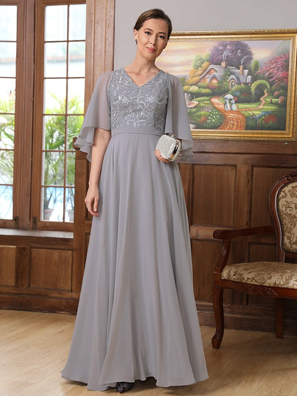 Chiffon Applique V-neck 1/2 Sleeves Floor-Length Mother of the Bride Dresses
