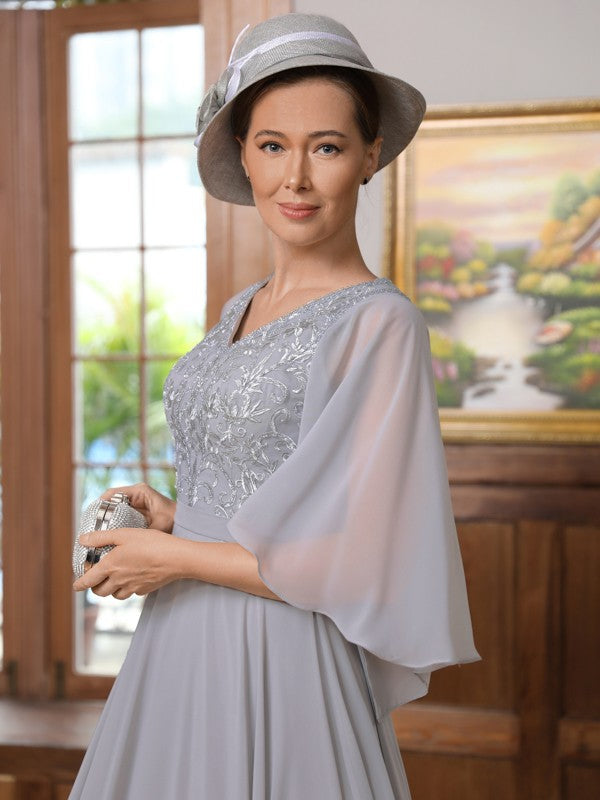 Chiffon Applique V-neck 1/2 Sleeves Floor-Length Mother of the Bride Dresses