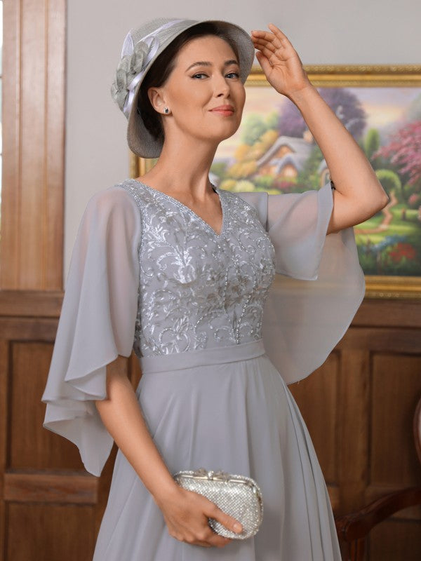 Chiffon Applique V-neck 1/2 Sleeves Floor-Length Mother of the Bride Dresses