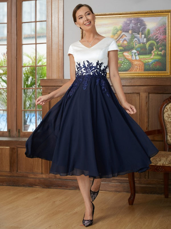 Chiffon Applique V-neck Short Sleeves Tea-Length Mother of the Bride Dresses