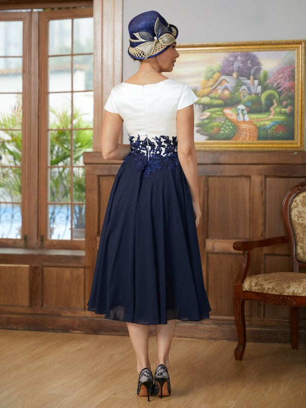 Chiffon Applique V-neck Short Sleeves Tea-Length Mother of the Bride Dresses