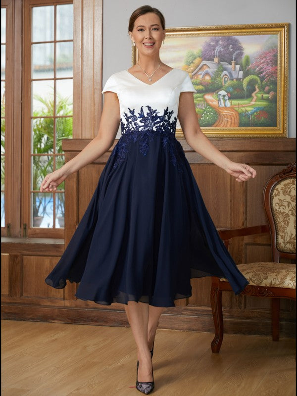 Chiffon Applique V-neck Short Sleeves Tea-Length Mother of the Bride Dresses