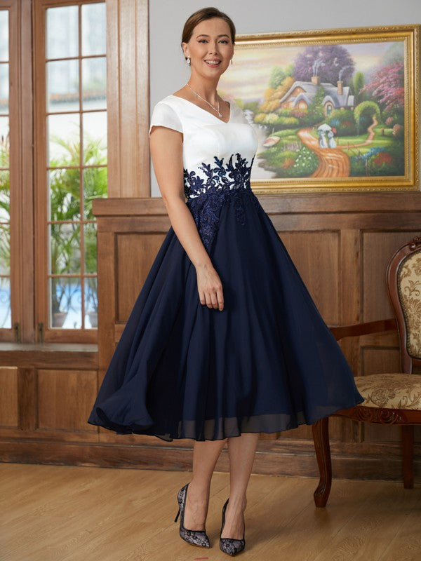 Chiffon Applique V-neck Short Sleeves Tea-Length Mother of the Bride Dresses