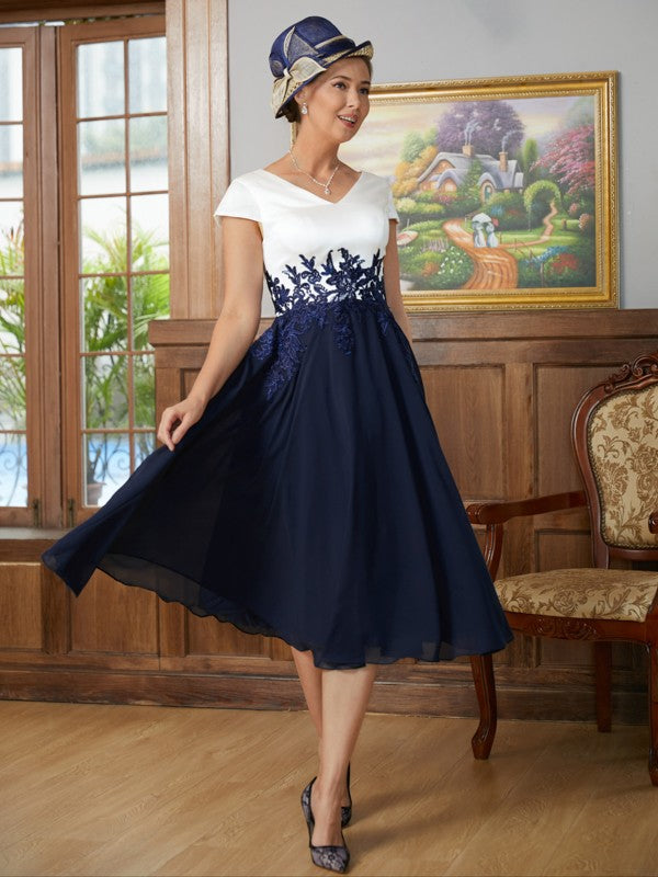 Chiffon Applique V-neck Short Sleeves Tea-Length Mother of the Bride Dresses