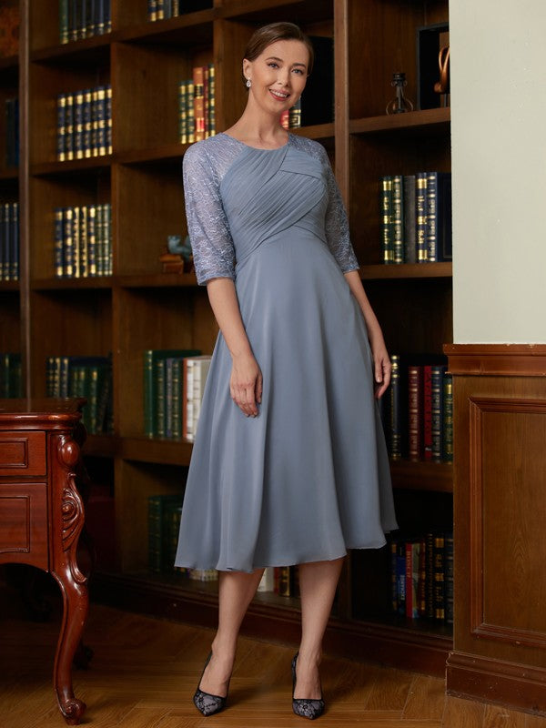 Chiffon Lace Scoop 1/2 Sleeves Tea-Length Mother of the Bride Dresses