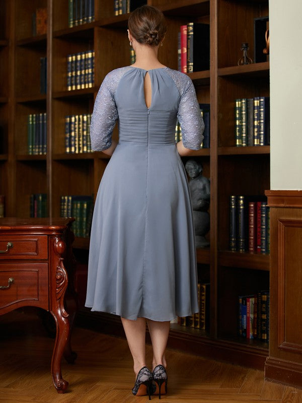 Chiffon Lace Scoop 1/2 Sleeves Tea-Length Mother of the Bride Dresses