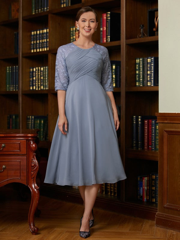 Chiffon Lace Scoop 1/2 Sleeves Tea-Length Mother of the Bride Dresses