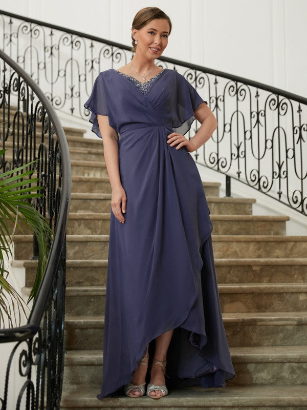Chiffon Beading V-neck Short Sleeves Asymmetrical Mother of the Bride Dresses