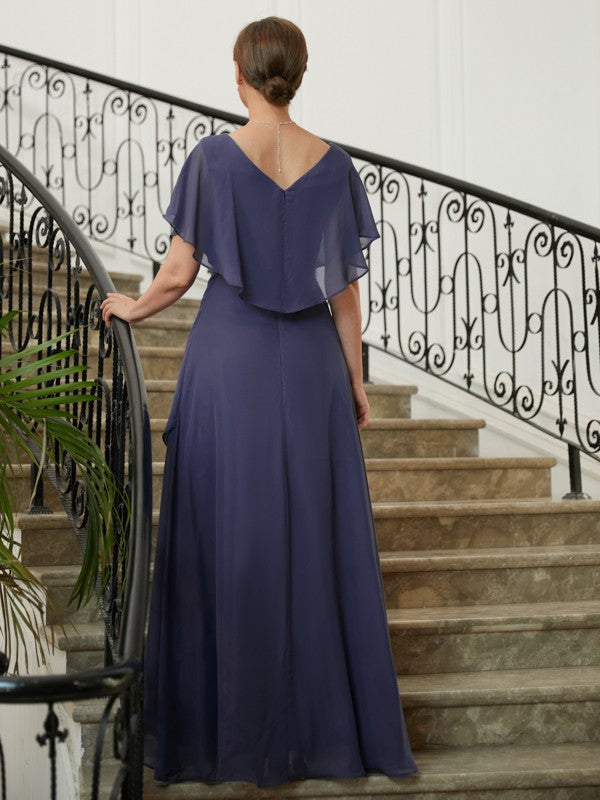Chiffon Beading V-neck Short Sleeves Asymmetrical Mother of the Bride Dresses