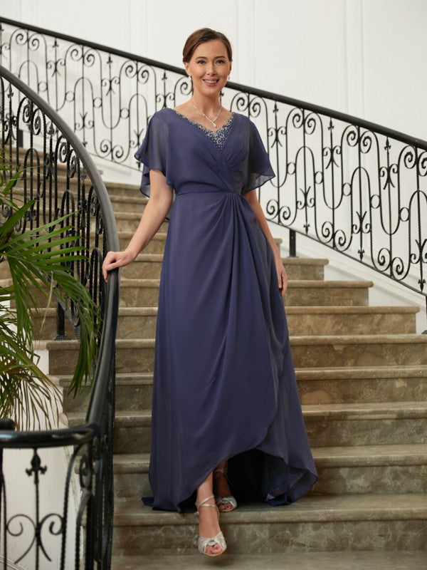 Chiffon Beading V-neck Short Sleeves Asymmetrical Mother of the Bride Dresses