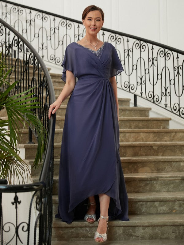 Chiffon Beading V-neck Short Sleeves Asymmetrical Mother of the Bride Dresses