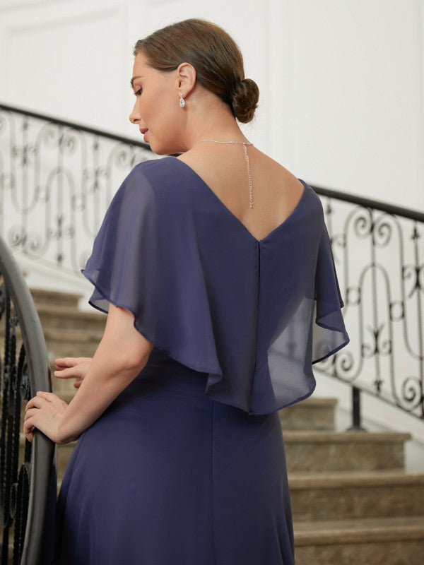 Chiffon Beading V-neck Short Sleeves Asymmetrical Mother of the Bride Dresses
