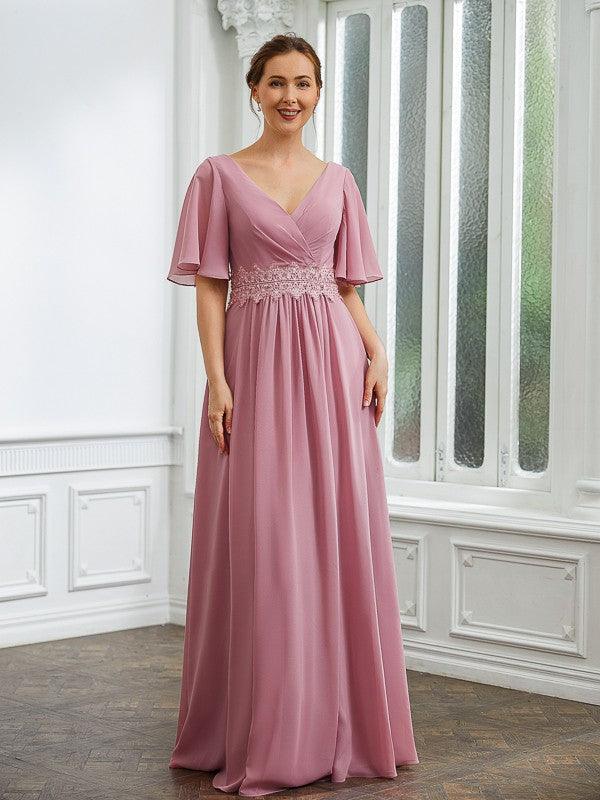 Chiffon Ruched V-neck 1/2 Sleeves Floor-Length Mother of the Bride Dresses