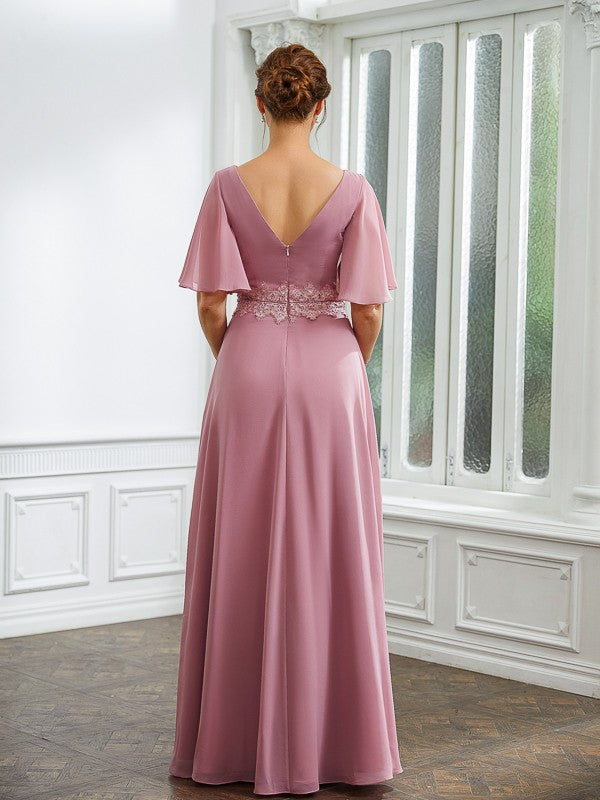 Chiffon Ruched V-neck 1/2 Sleeves Floor-Length Mother of the Bride Dresses